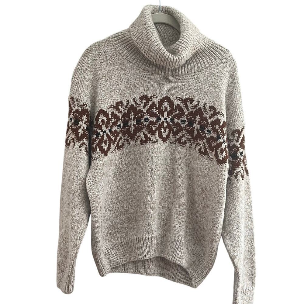 Vintage 70s Tan Soft Cozy Chunky Acrylic Turtleneck Sweater Made In USA Size L